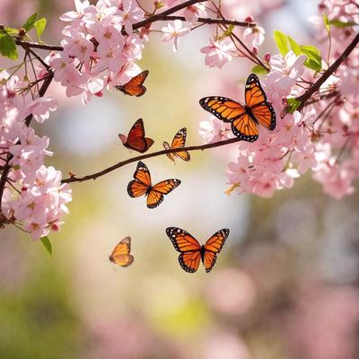 The primary subject of the image is a group of butterflies flying in the air. They are surrounded by a beautiful pink flower background, which adds a sense of warmth and tranquility to the scene. The visual style of the image is a combination of photo and digital art, creating a vibrant and lively atmosphere. The colors and mood of the image are predominantly pink and serene, evoking feelings of happiness and relaxation.